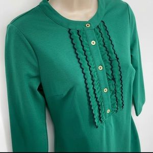 Boden Women’s Florence Ponte Shift Dress Forest Green with Navy ruffle detail